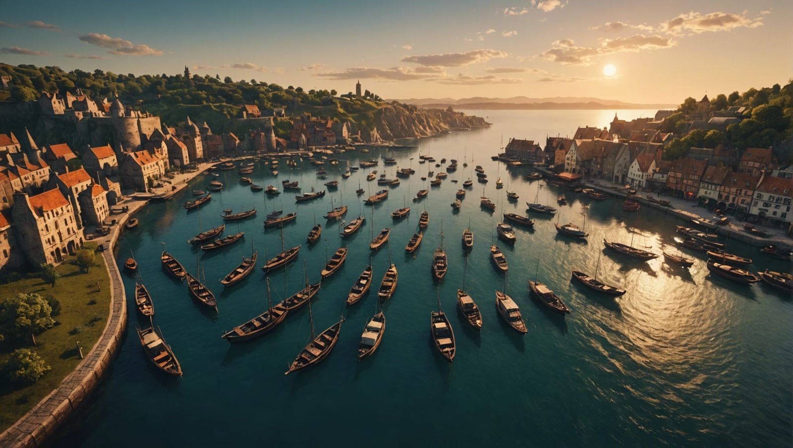 Fantasy Harbour Sunset: Detailed Matte Painting in 8K