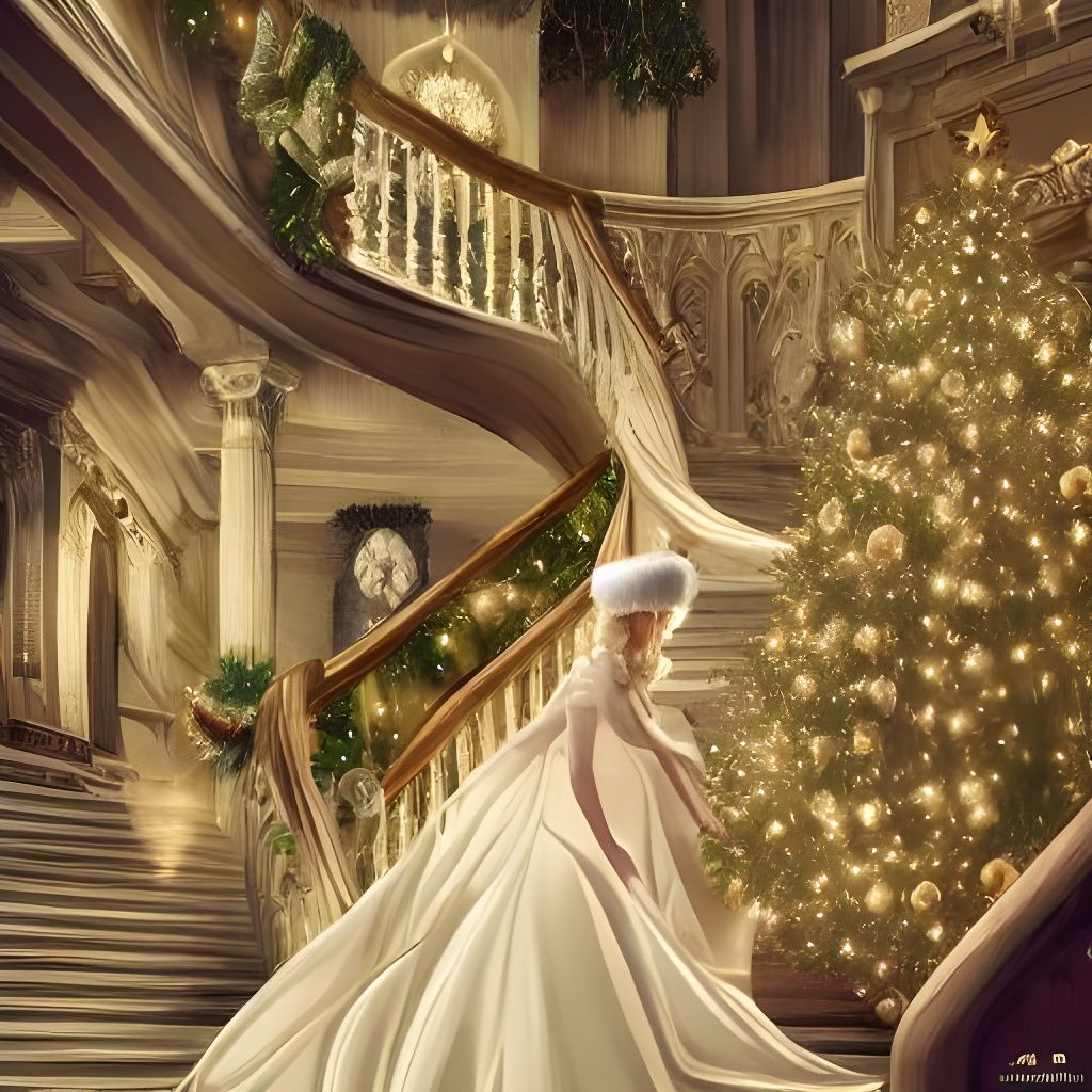 Blonde Woman in Gown by Christmas Tree