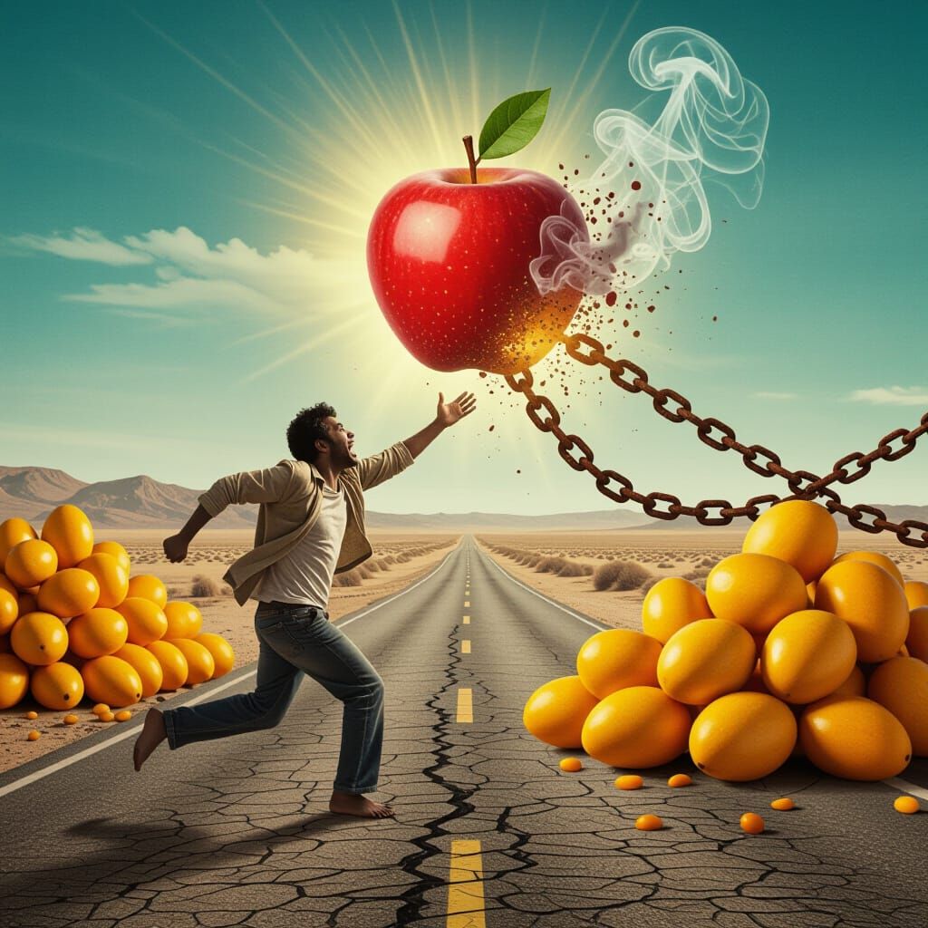 Man Chases Disintegrating Apple Amidst Mangoes and Chains