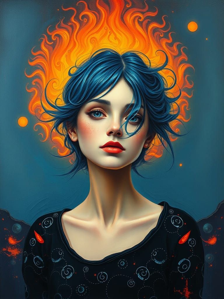 Blue hair Girl, lava  highlights, surrealism Salvador Dali matte background melting oil on canvas