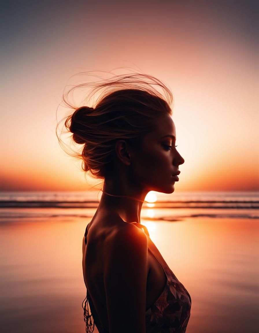 Sunset Silhouette Model: Double Exposure Beach Scene