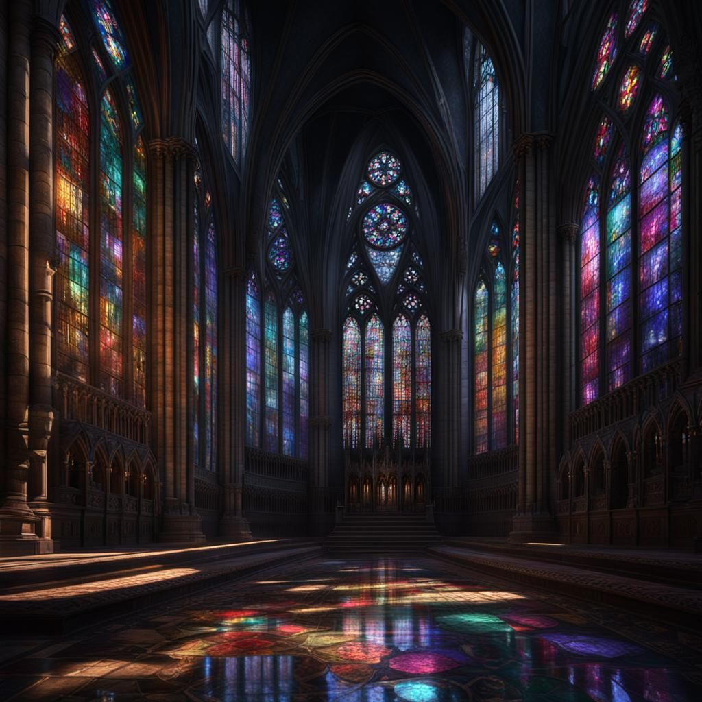 Gothic Cathedral at Night with Stained Glass