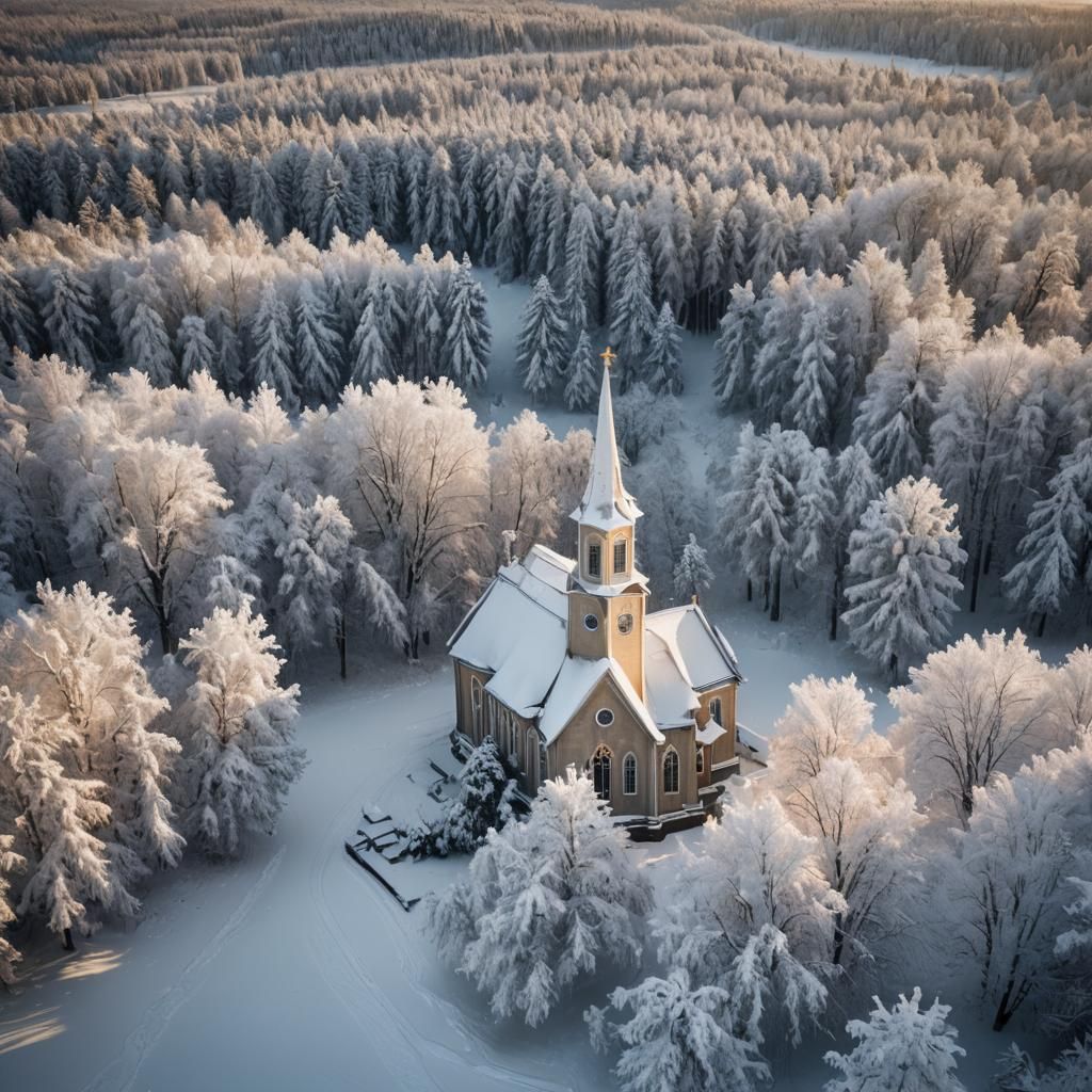 Snowy Country Church in Winter Landscape