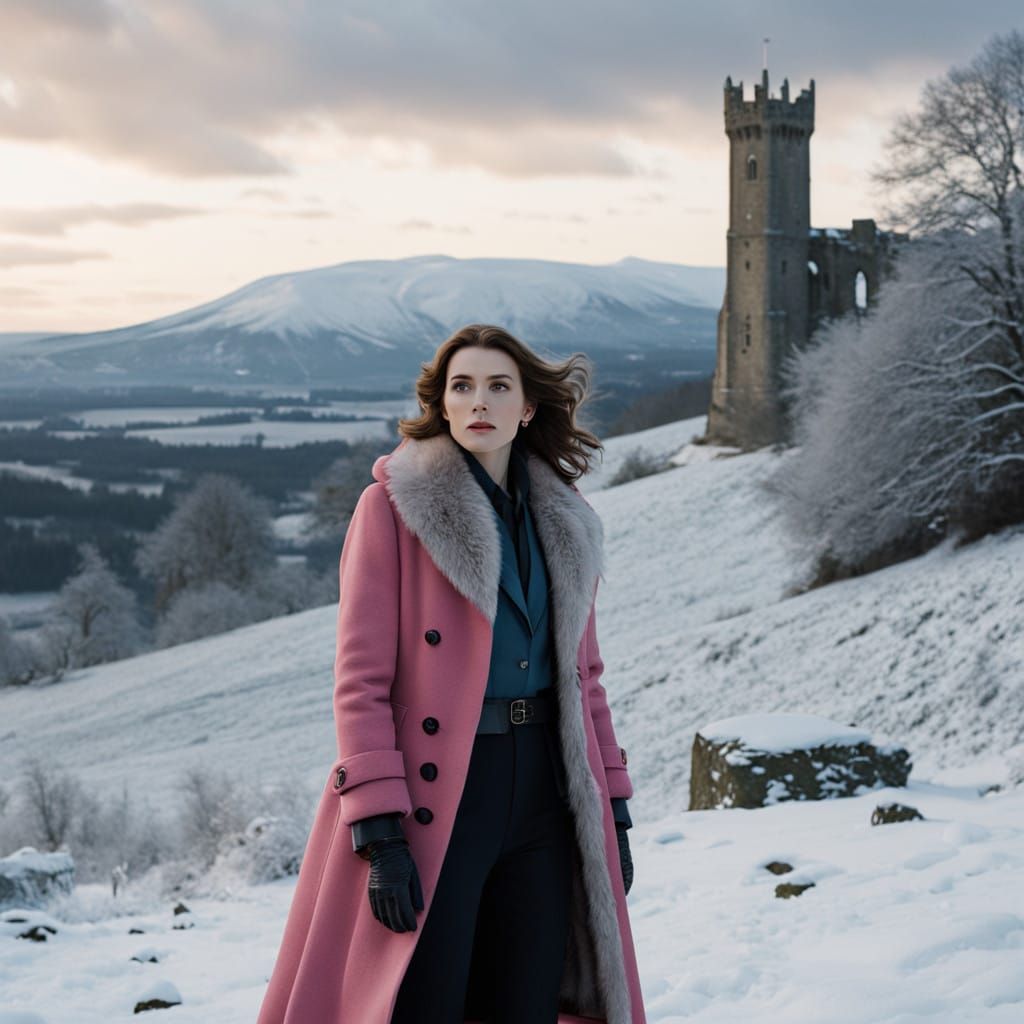 Elegant Woman in Pink Coat Amidst Snowy Landscape