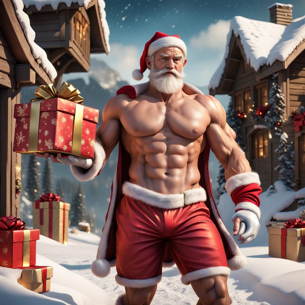 Muscular Santa Claus with Gifts, Detailed Matte Painting