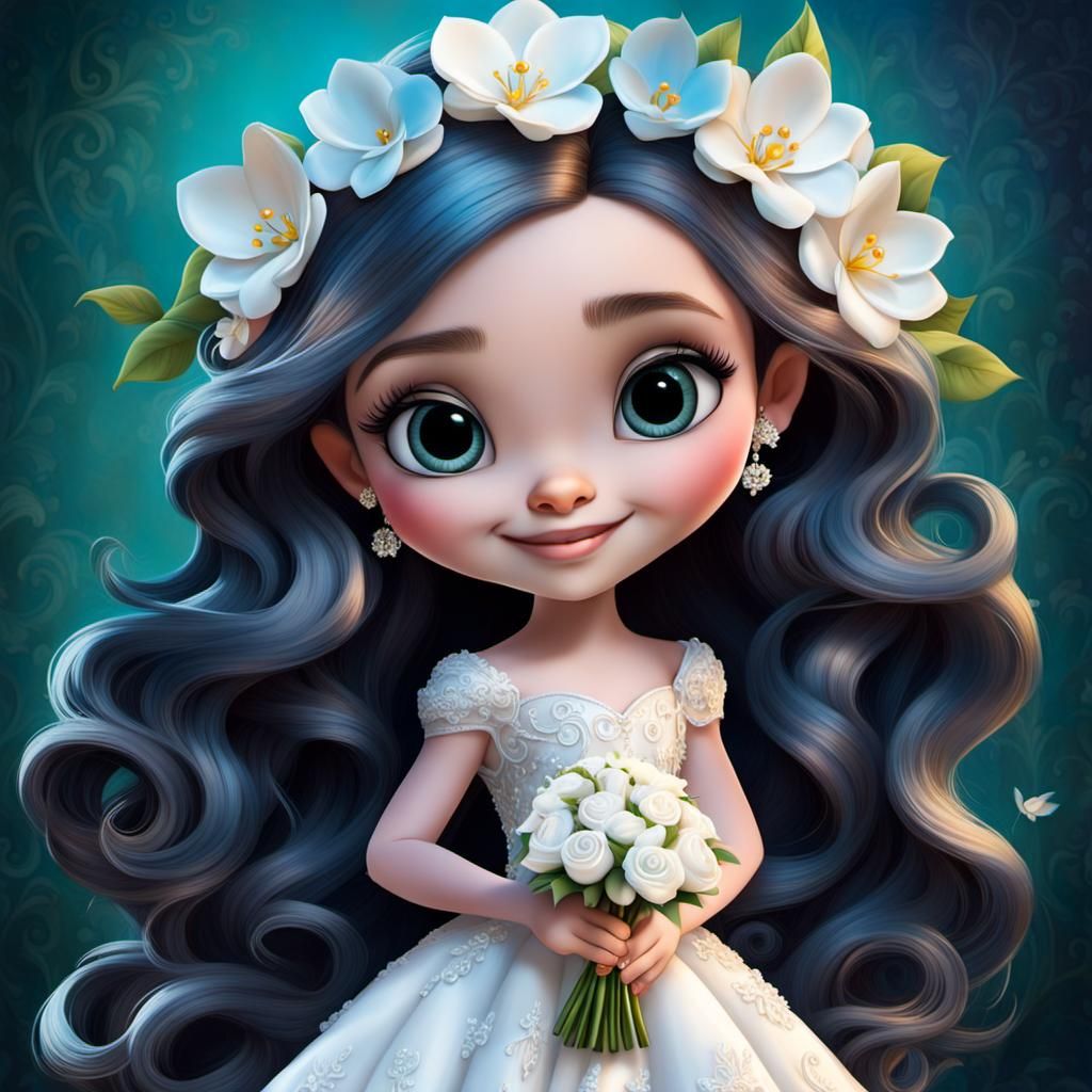 Disney Pixar style 3D adorable little girl, long flowing hair, sweet smile, big expressive eyes, wearing a fancy wedding...