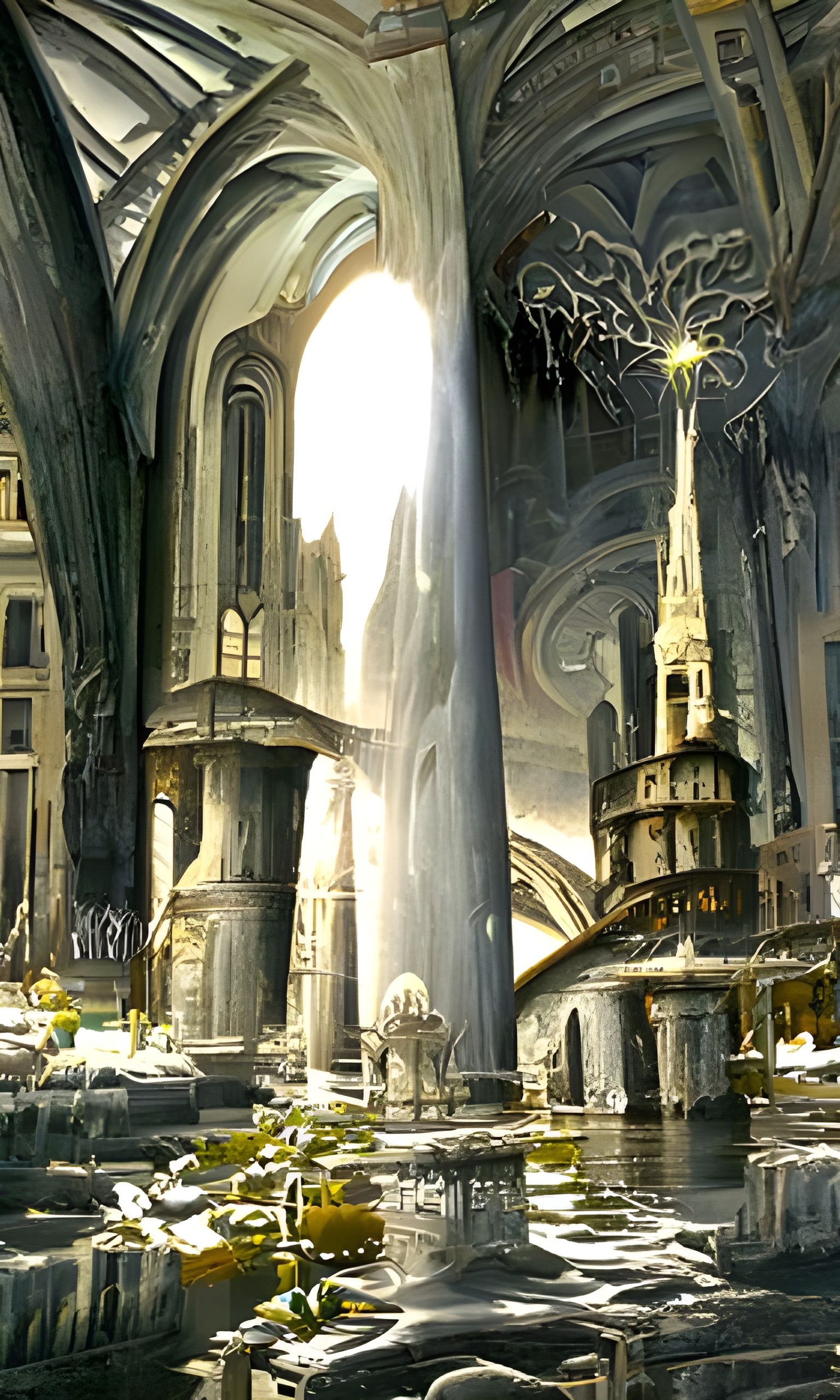 Mystical Cathedral with Glowing Water Reflections