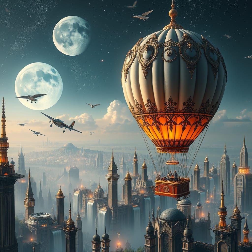 Glowing Hot Air Balloon Rises Above Futuristic Cityscape wit...