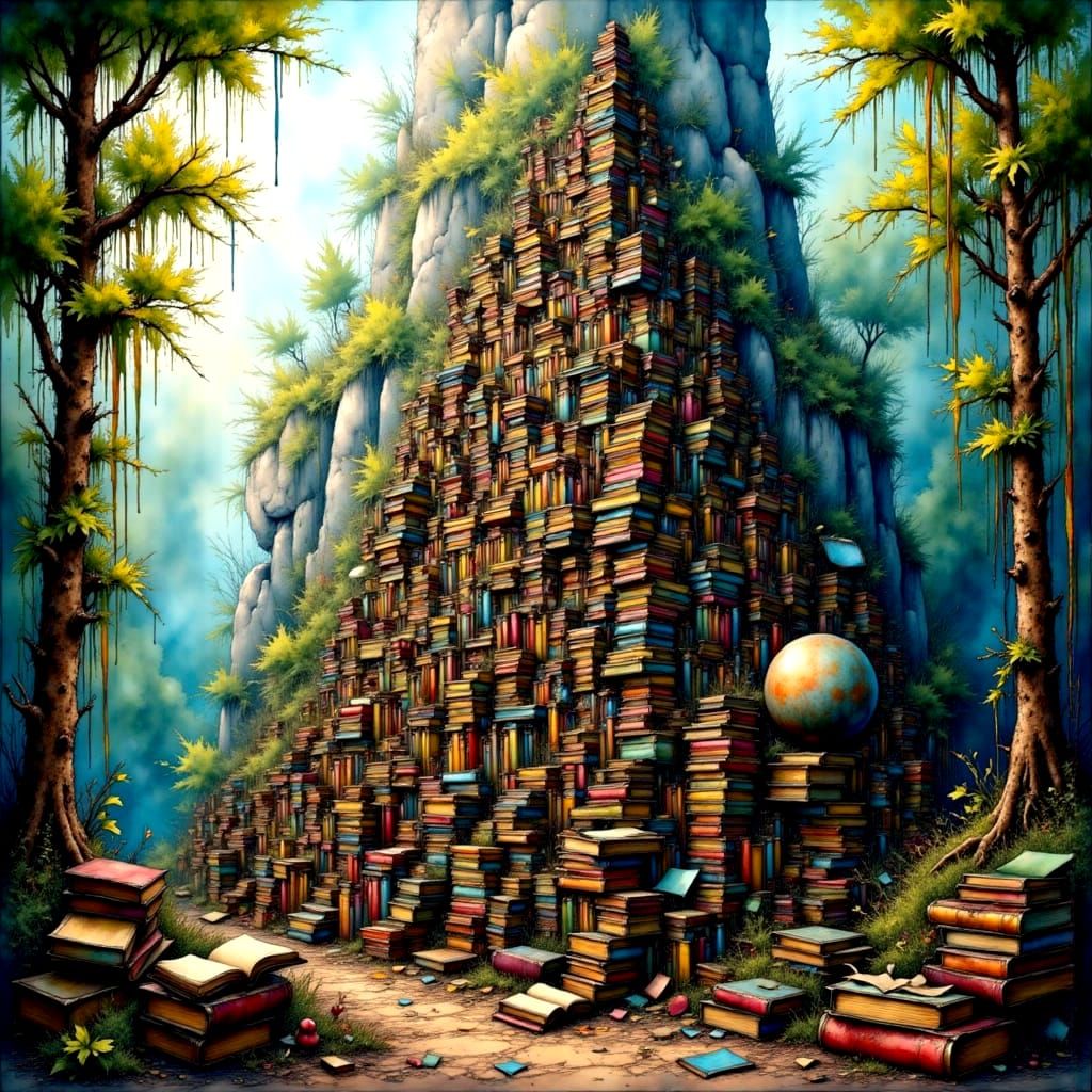 A Majestic Mountain of Bookshelves in a Forest