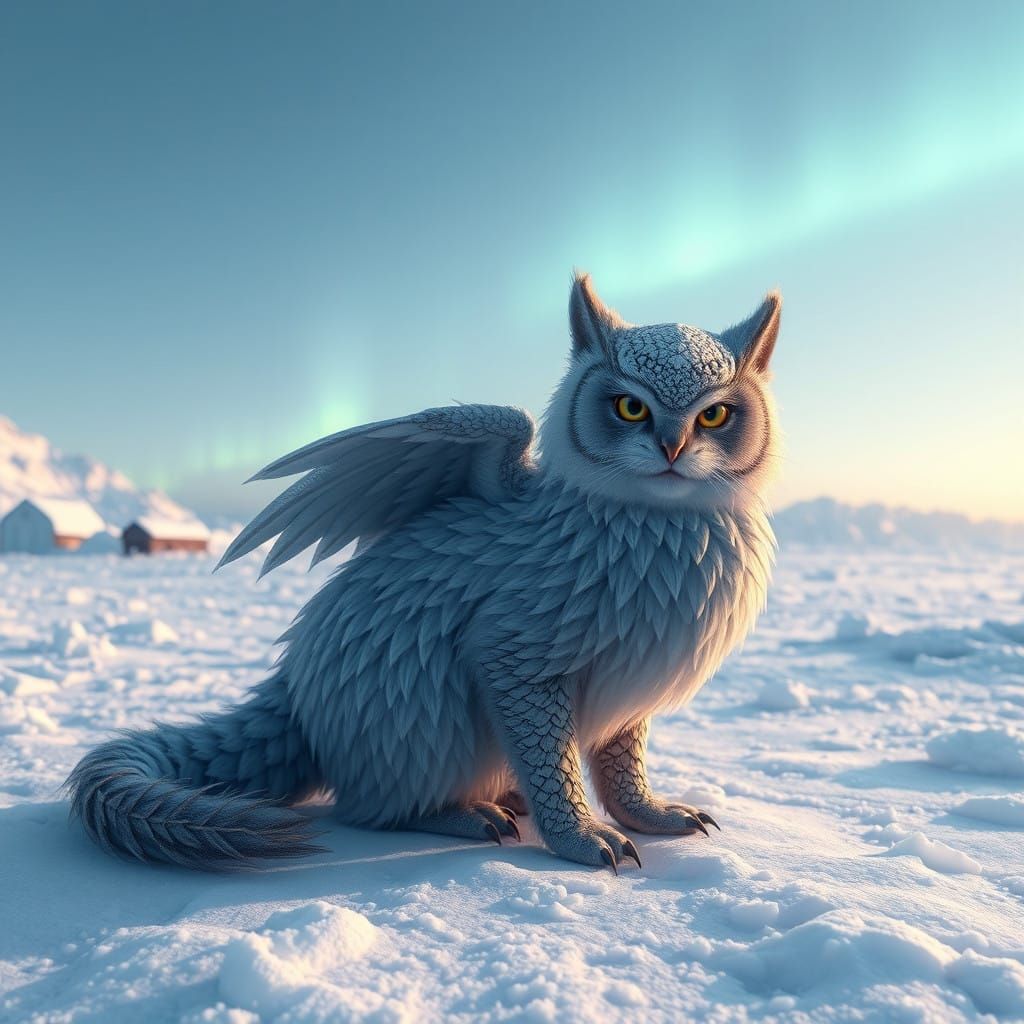 Fantasy Cat Dragon Owl in Majestic Snowy Landscape