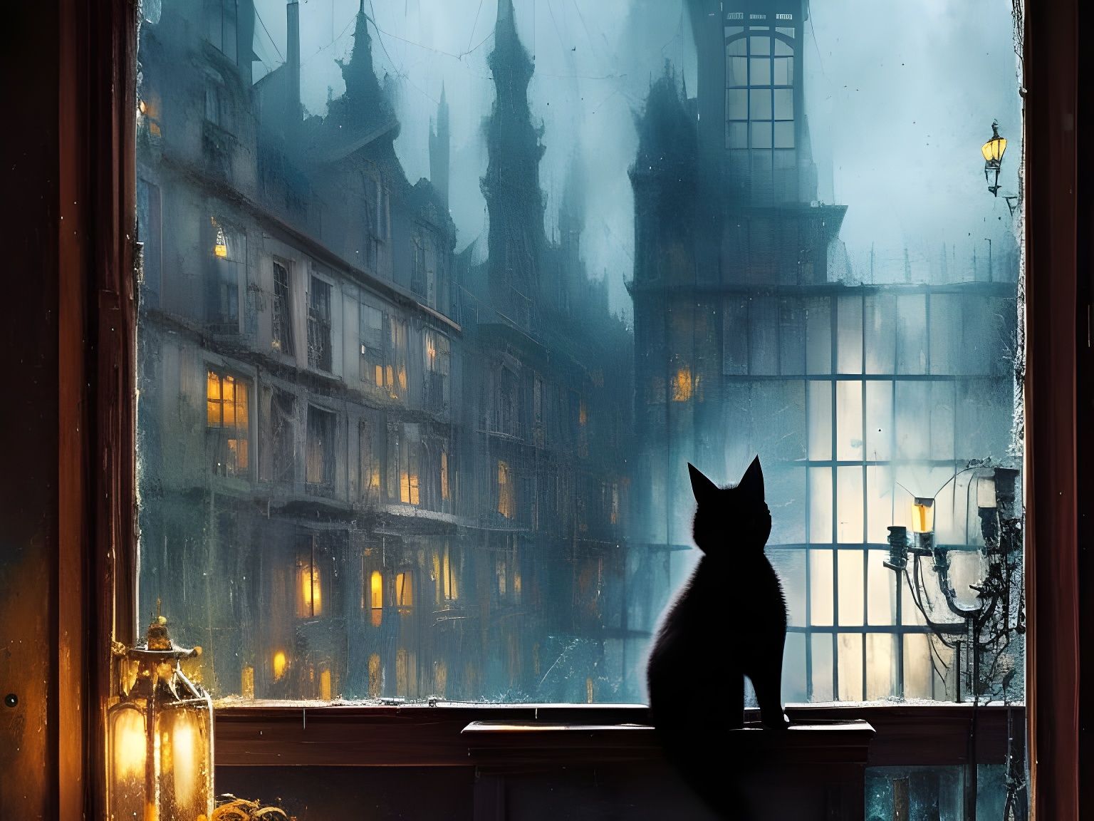 Black Cat in Haunted Hotel: Gothic Horror Art