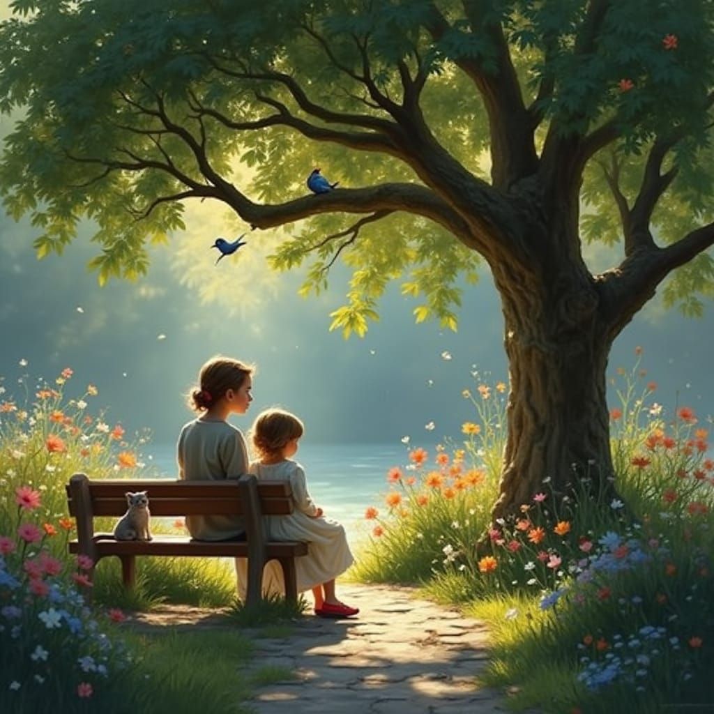 Mother and Daughter in Garden, Gouache Impressionism