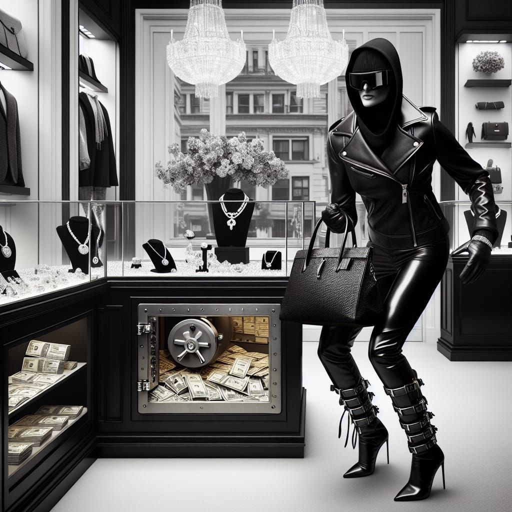 Fearless Female Thief in Black Leather Outfit