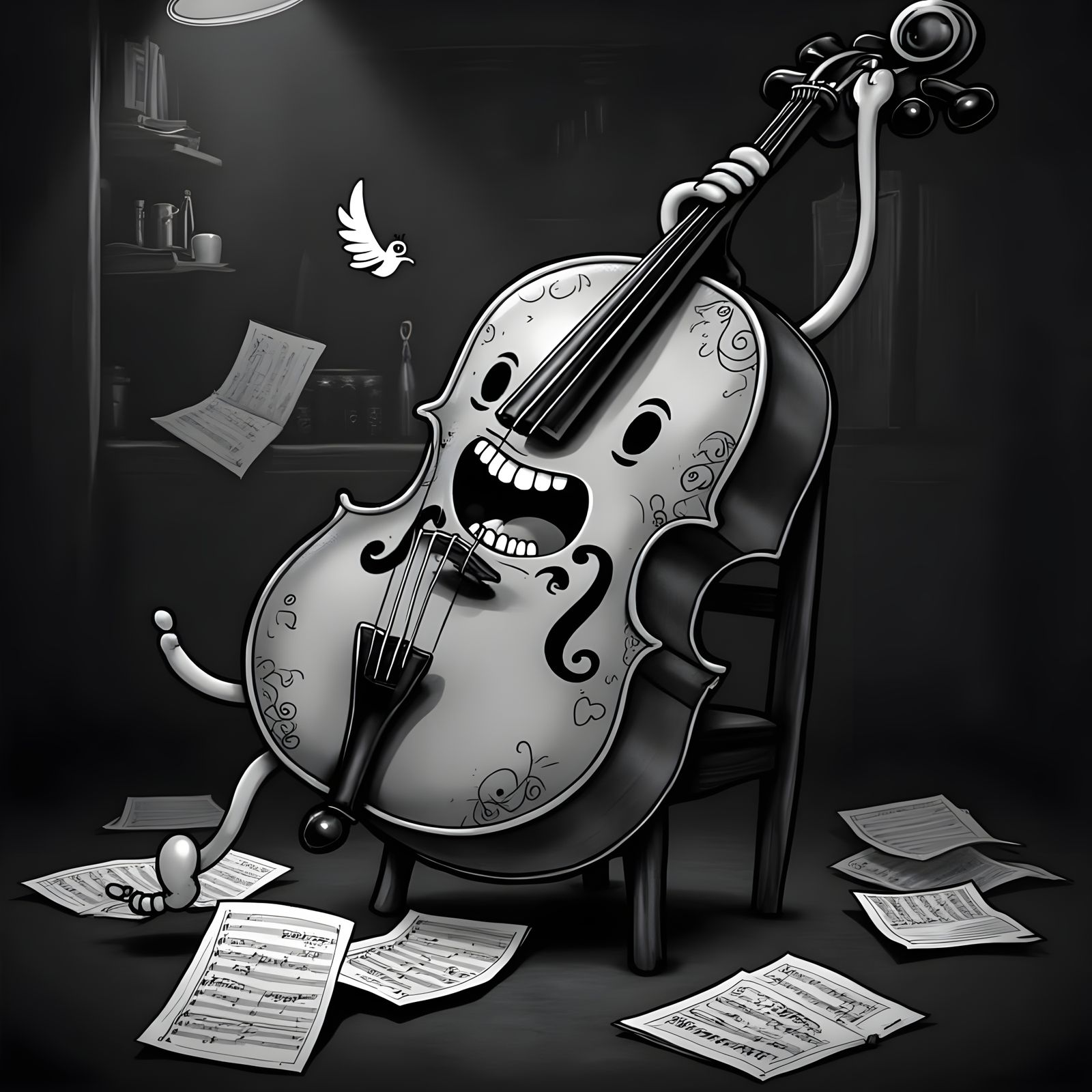 Vintage Cartoon Cello Plays a Yawning Solo