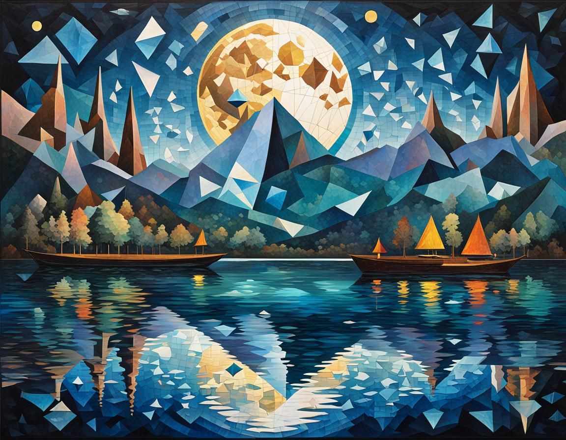 Geometric Mountain Range Under Crescent Moon