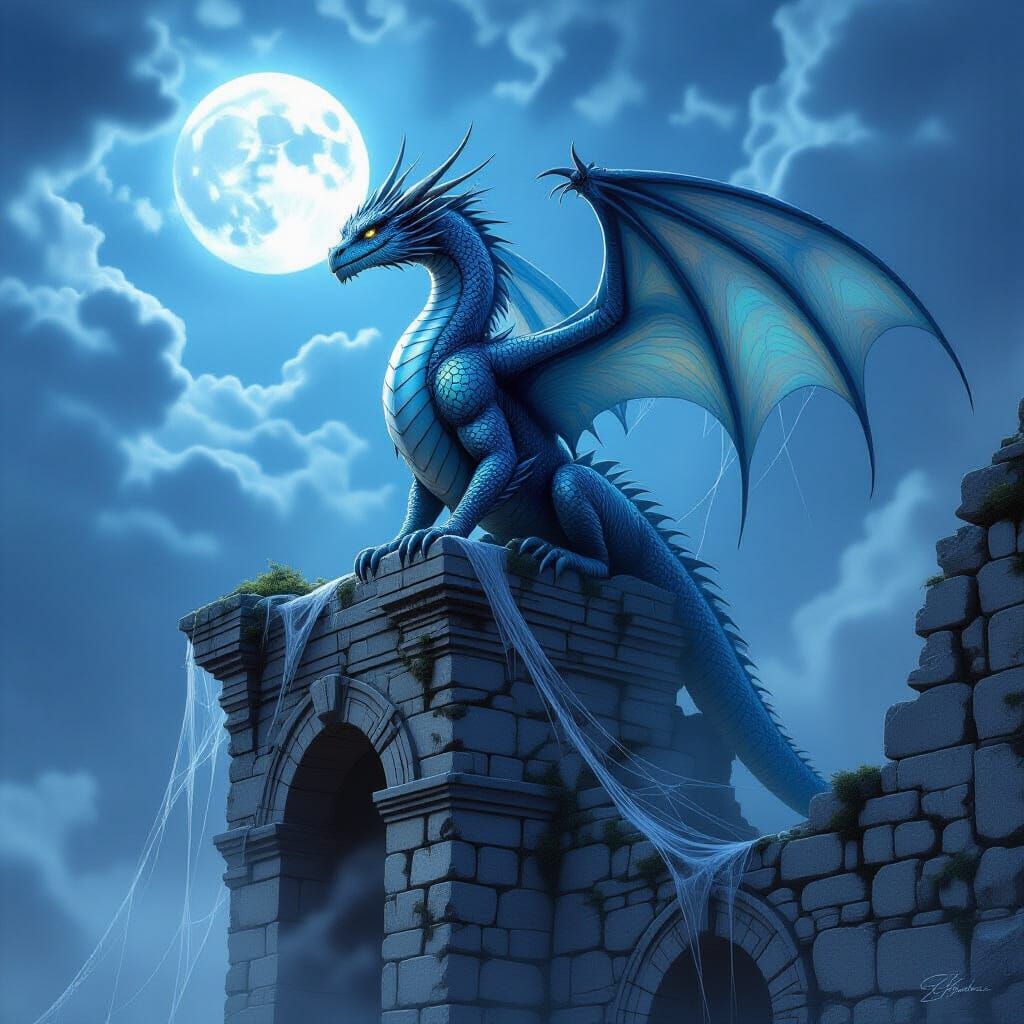 Majestic Dragon on Ancient Ruin, Iridescent Scales