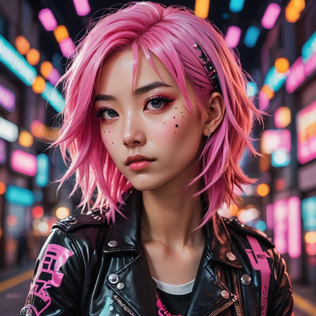 Vibrant Anime Portrait of Punk Girl with Pink Hair