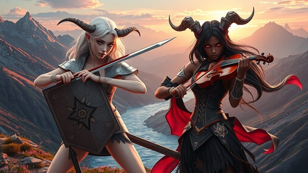 Angel Warrior and Devil Bard on a Crystal Mountain Vista