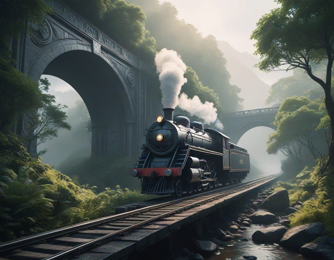 Art Deco Steam Locomotive Crossing a Majestic Stone Viaduct ...