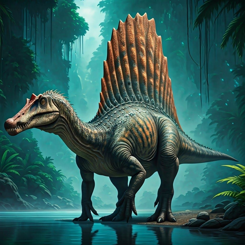 Majestic Spinosaurus Roaming Ancient Riverbanks as Matte Pai...