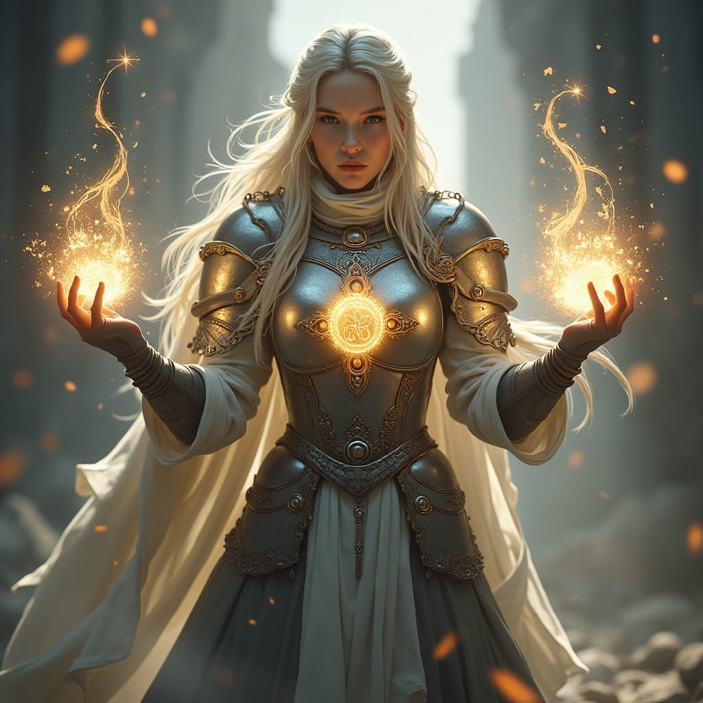 Aasimar Cleric Radiating Divine Power in Silver Armor