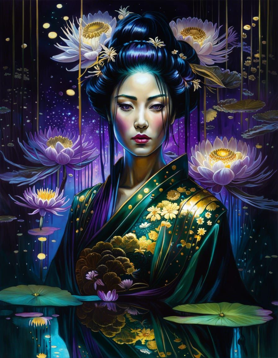 Bioluminescent Cyberpunk Geisha in Mirrored Reflection