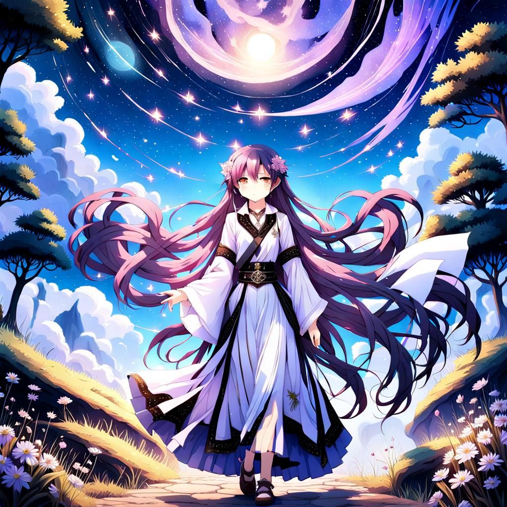 Enchanting Anime Girl in Twilight Landscape