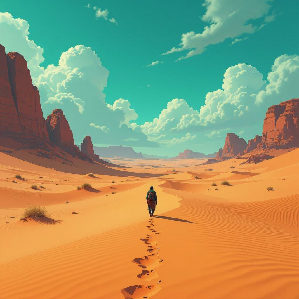Lone Traveler on Desert Path Under Turquoise Sky