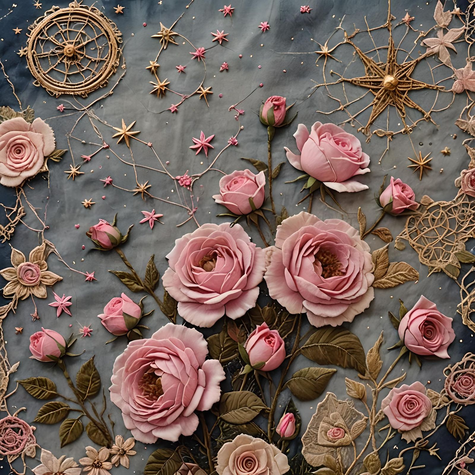 Pink Roses Fabric Collage with Embroidery