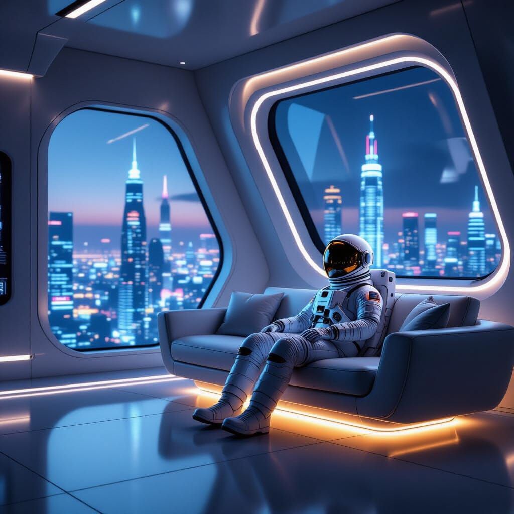 Astronaut Relaxing in Futuristic High-Tech Apartment