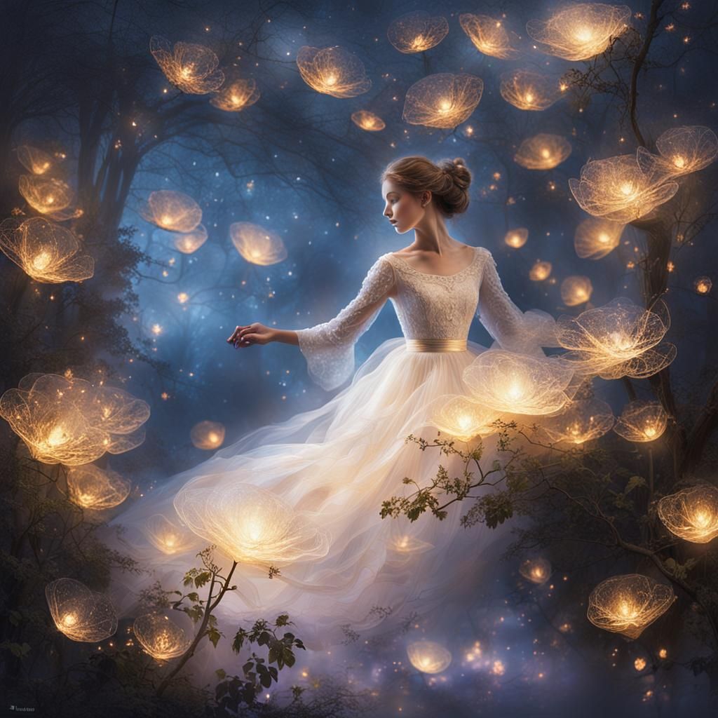 Enchanting Muse Flying with Luminous Lighting