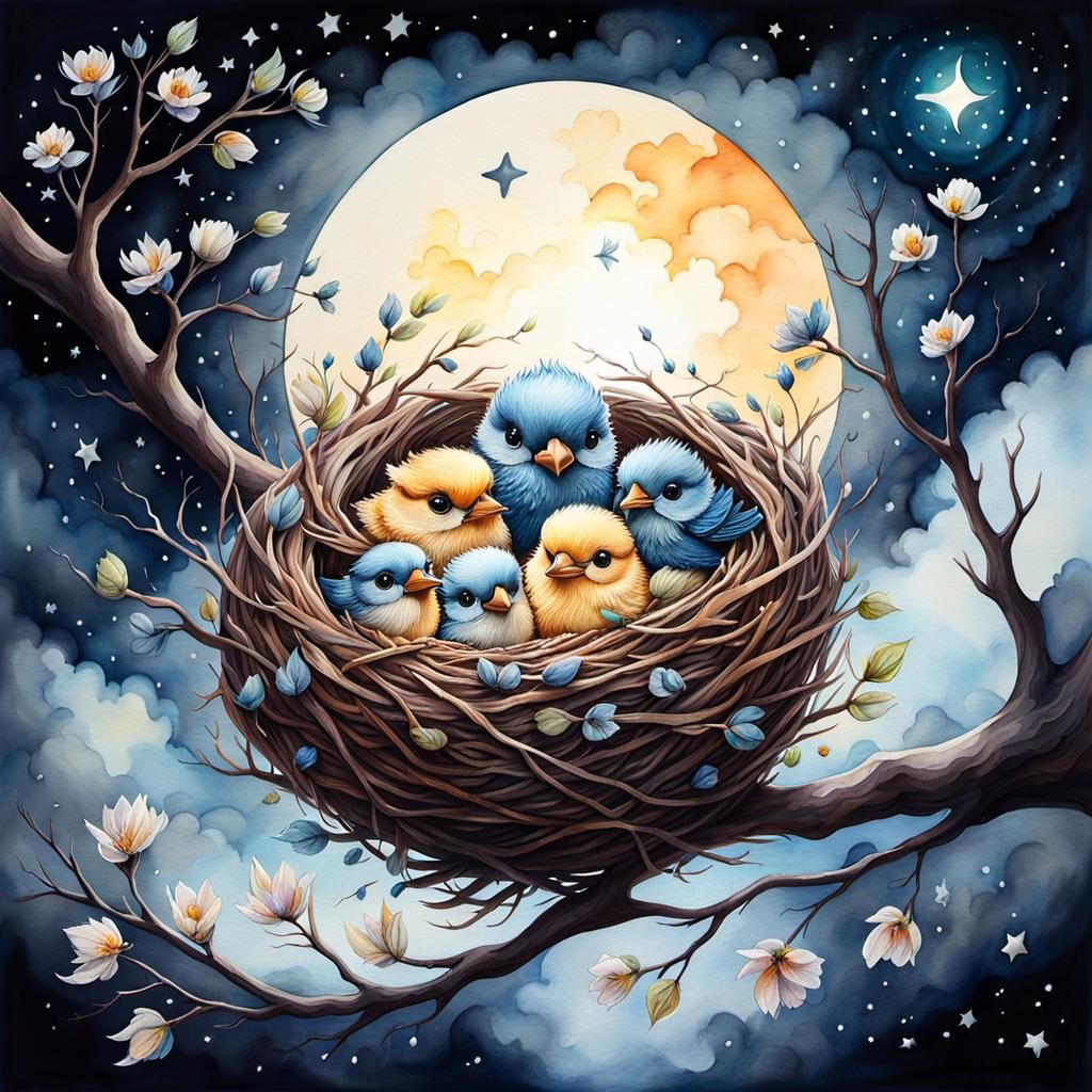 Watercolor Nest with Baby Birds Under Moonlight