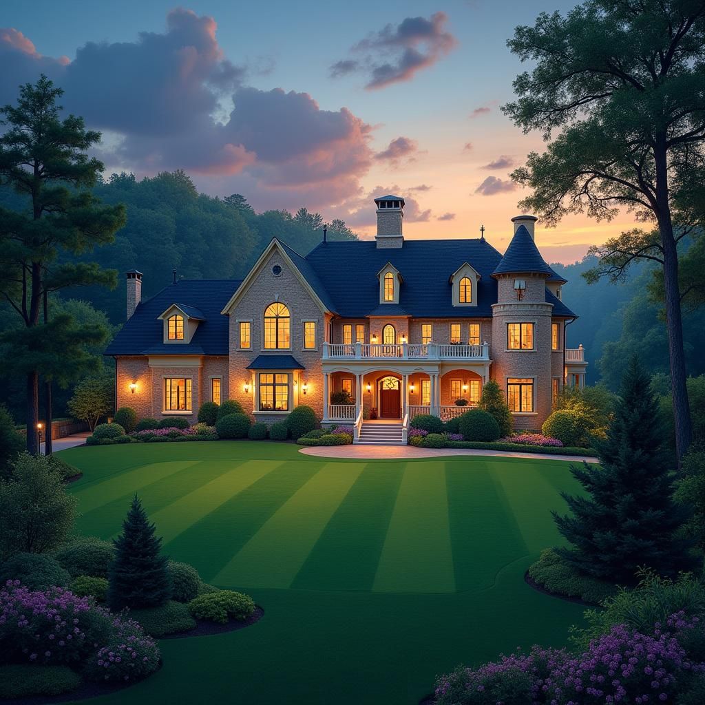 Luminous Mansion at Dusk with Football Field