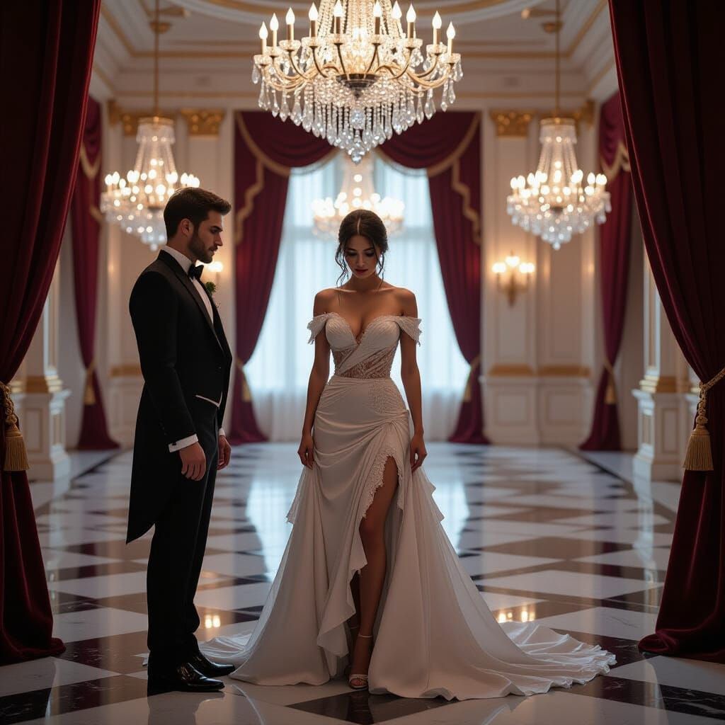 Dramatic Ballroom Scene of Solitary Woman