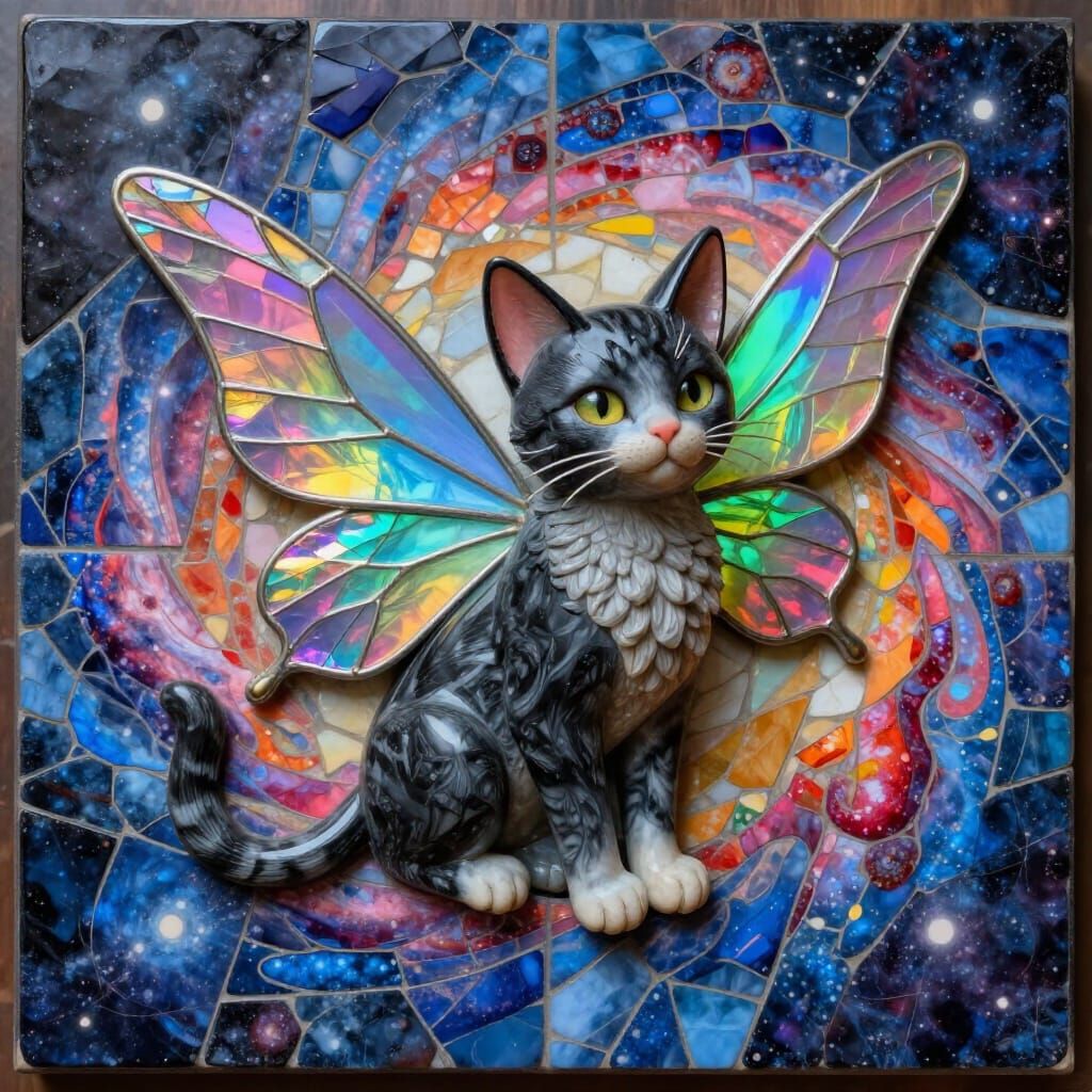 Tabby Cat Fairy on Galaxy Mosaic Artwork