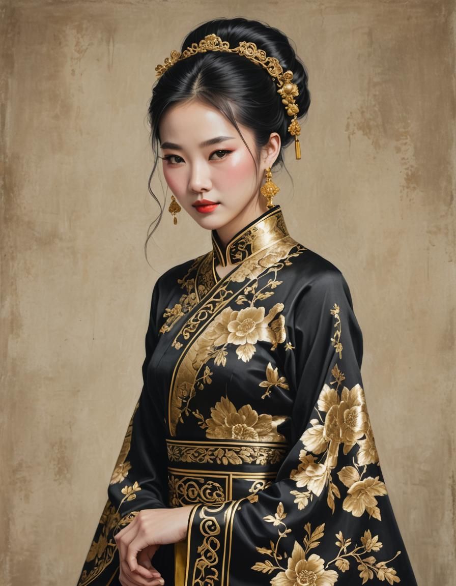 Very beautiful young Chinese woman in a Traditional black and gold dress, half body portrait