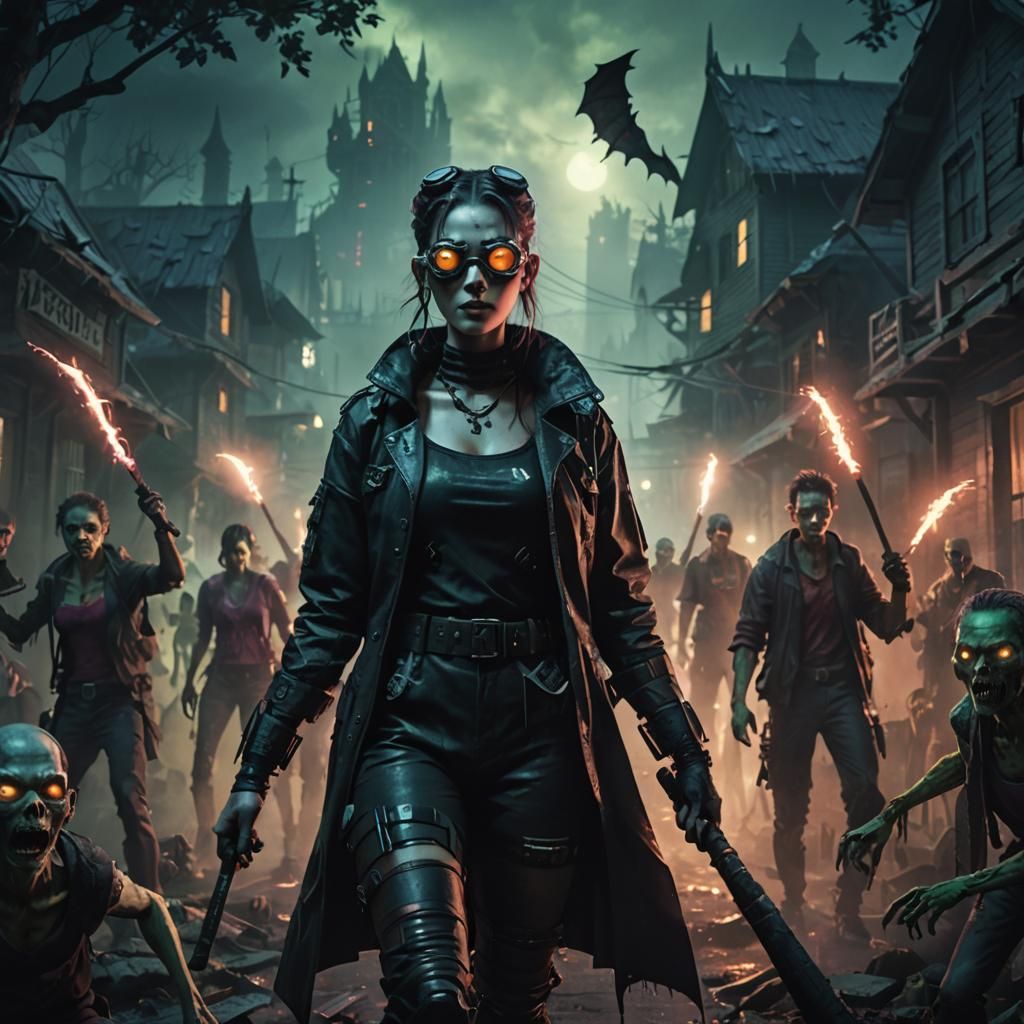Cyberpunk Gothic Woman in Zombie Town: Cinematic Image