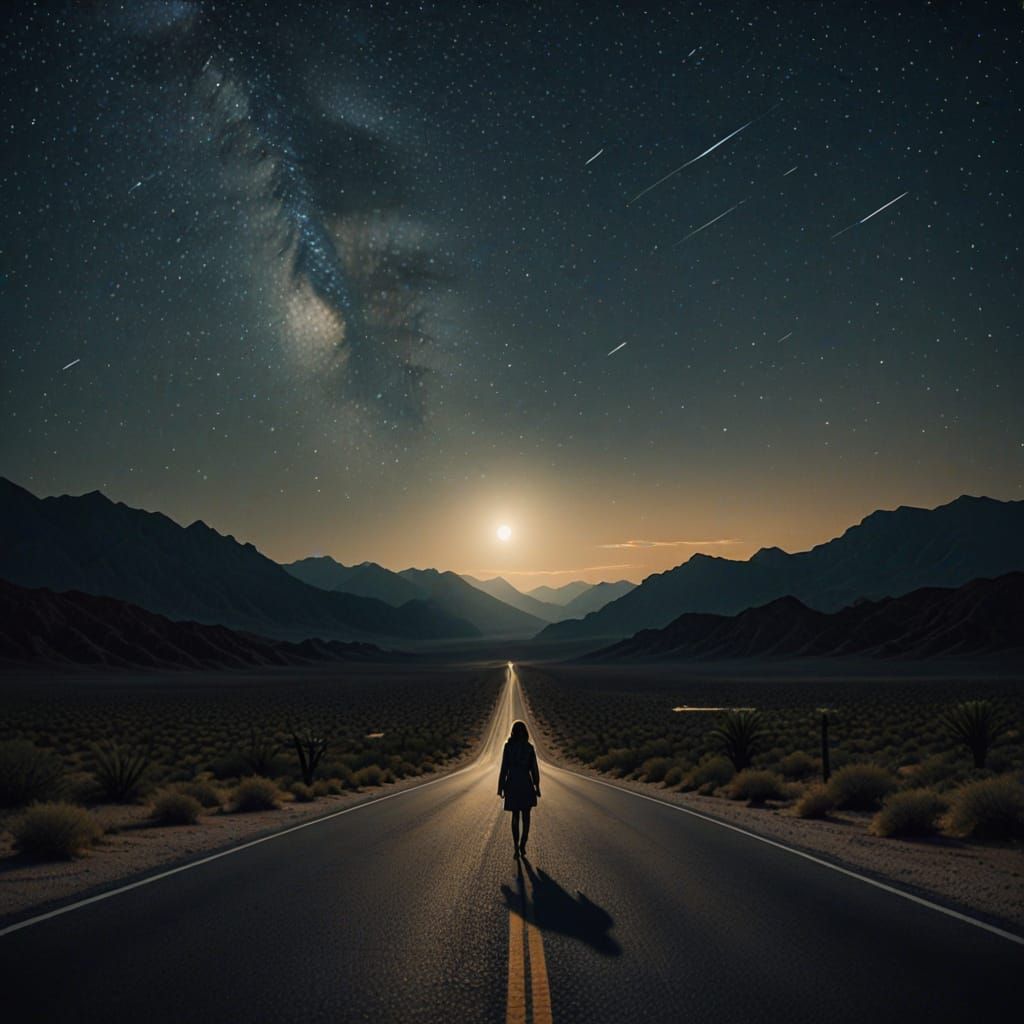 Lone Woman on Desert Road Under Starry Sky