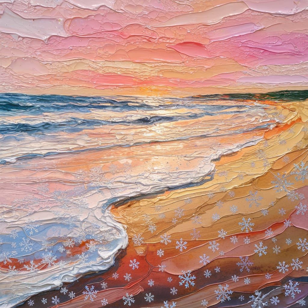 Gouache Beach Scene with Snow and Sunset