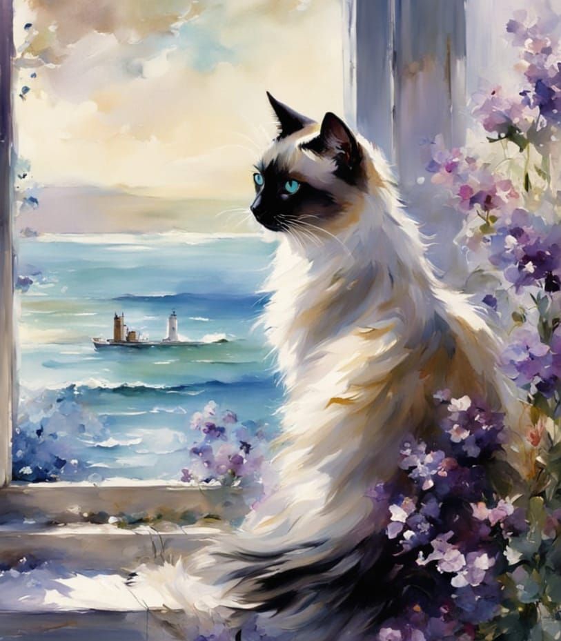 Siamese Cat on Windowsill with Ocean View