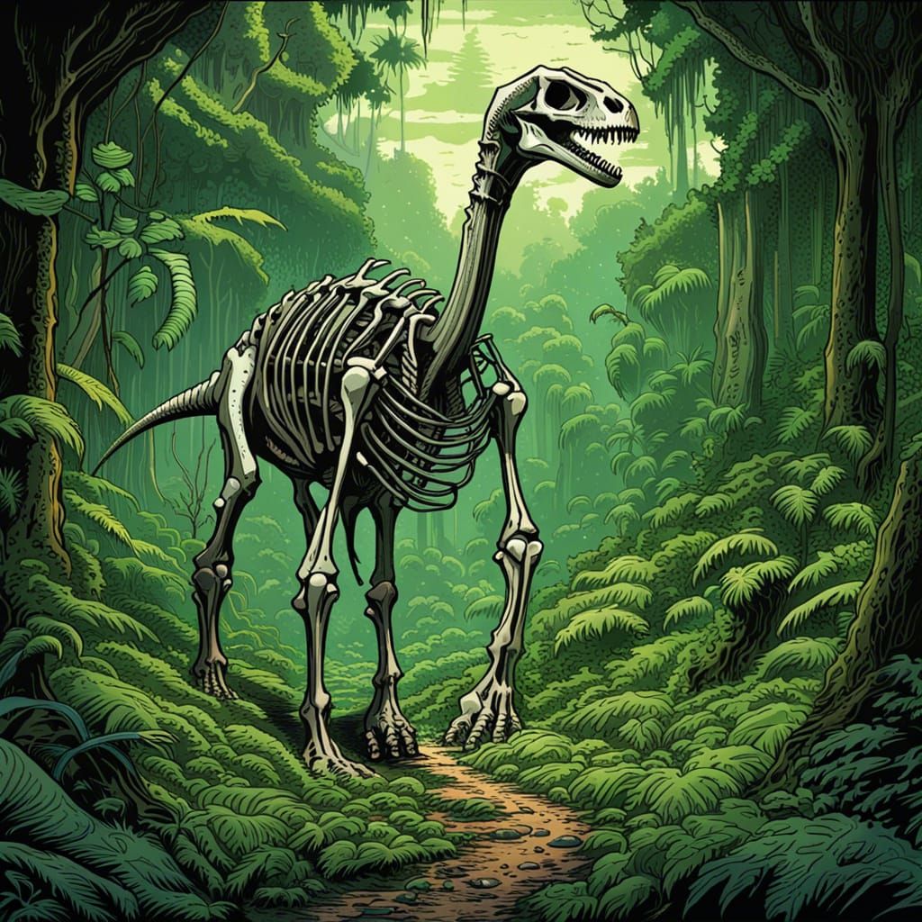 Brontosaurus Skeleton Walks in Jungle, Comic Book Art