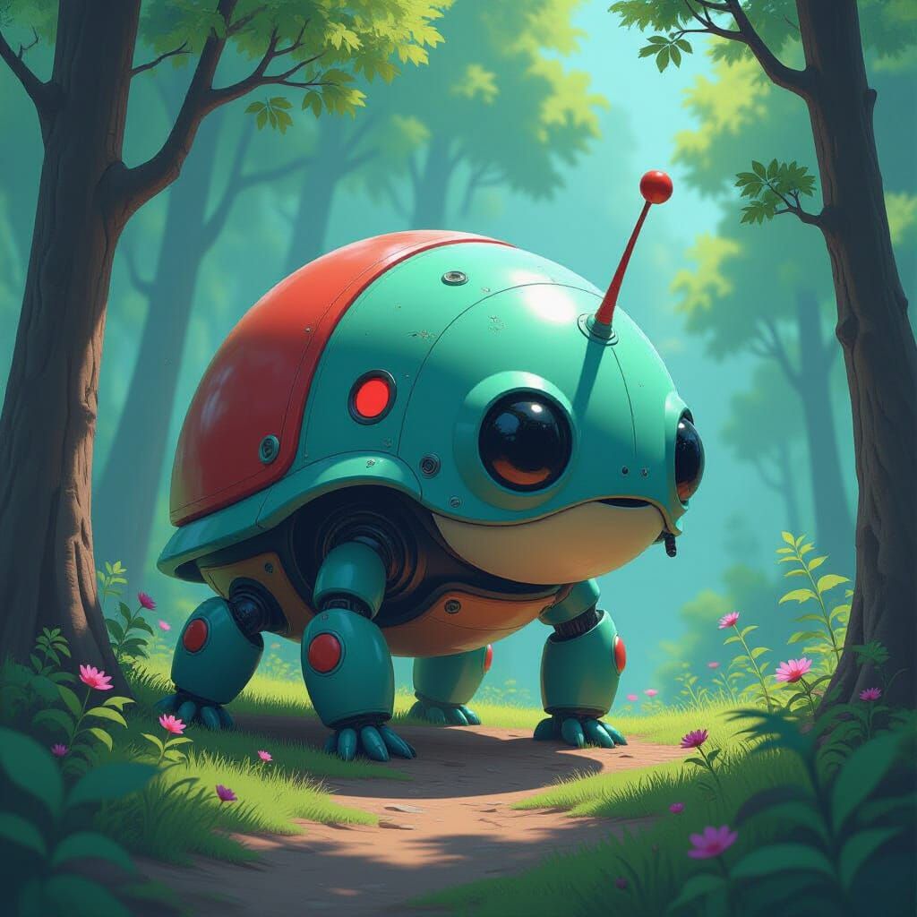 Fantastical Biomechanical Creature in Dreamlike Landscape