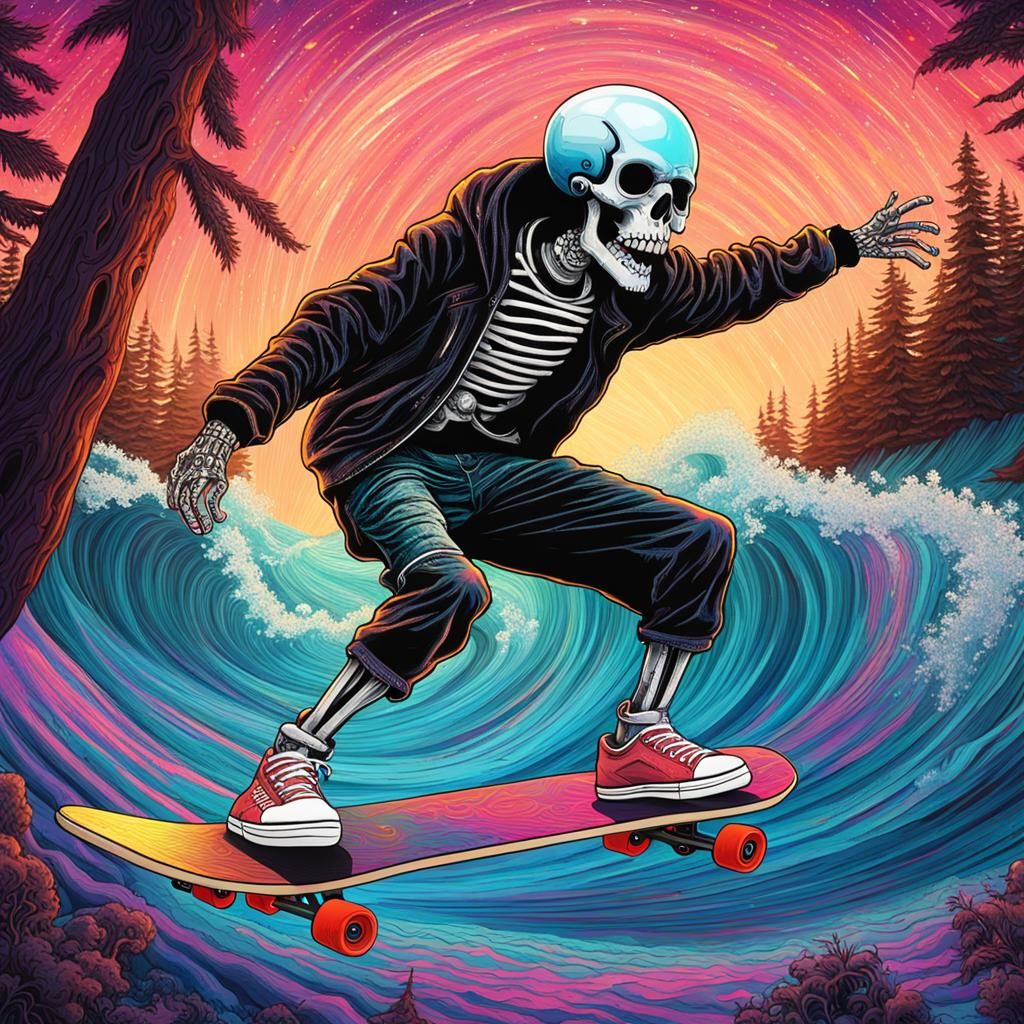 Punk Rock Skeleton Surfing Wave, Cosmic Illustration