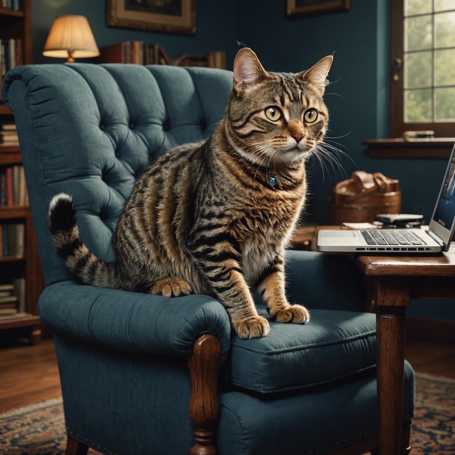 Mischievous Tabby Cat Interrupts Work in Matte Painting Styl...