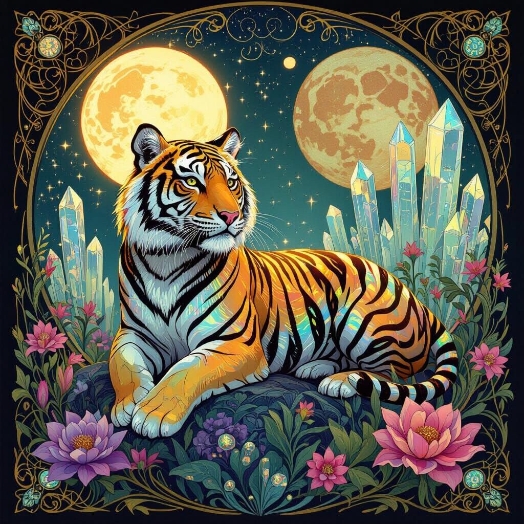 Glass Tiger Lounging Among Alien Flora in Art Nouveau