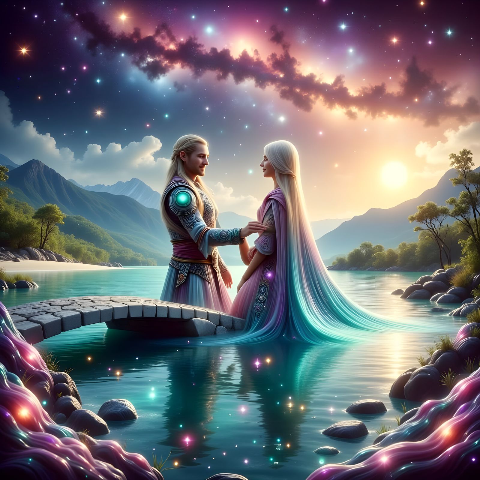 Peaceful Elven Couple in Whimsical Landscape