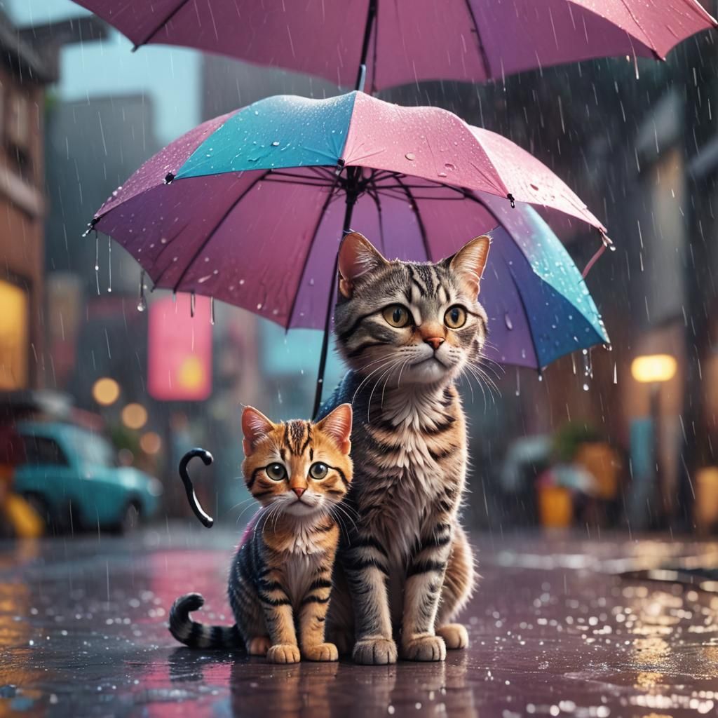 Sad Cat Under Umbrella in 3D Digital Art