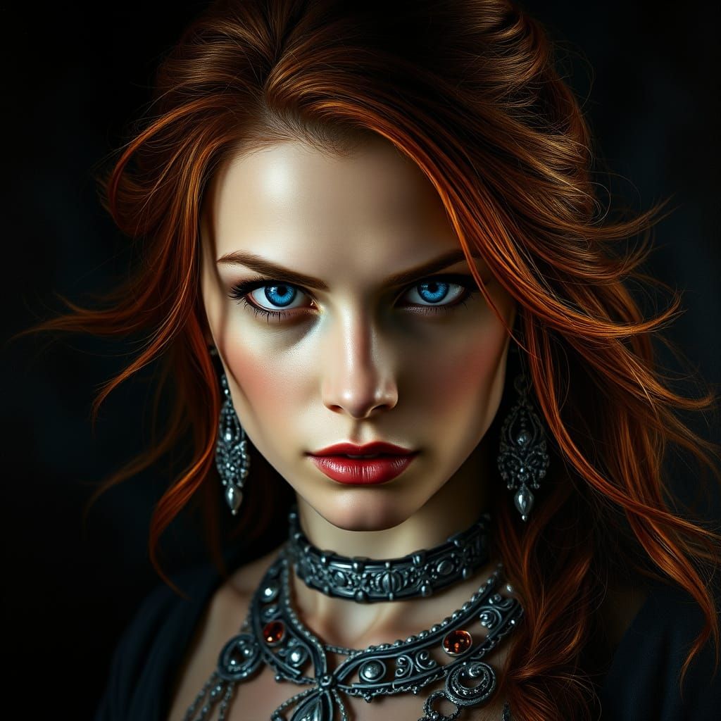 Regal Woman with Auburn Hair and Silver Jewelry