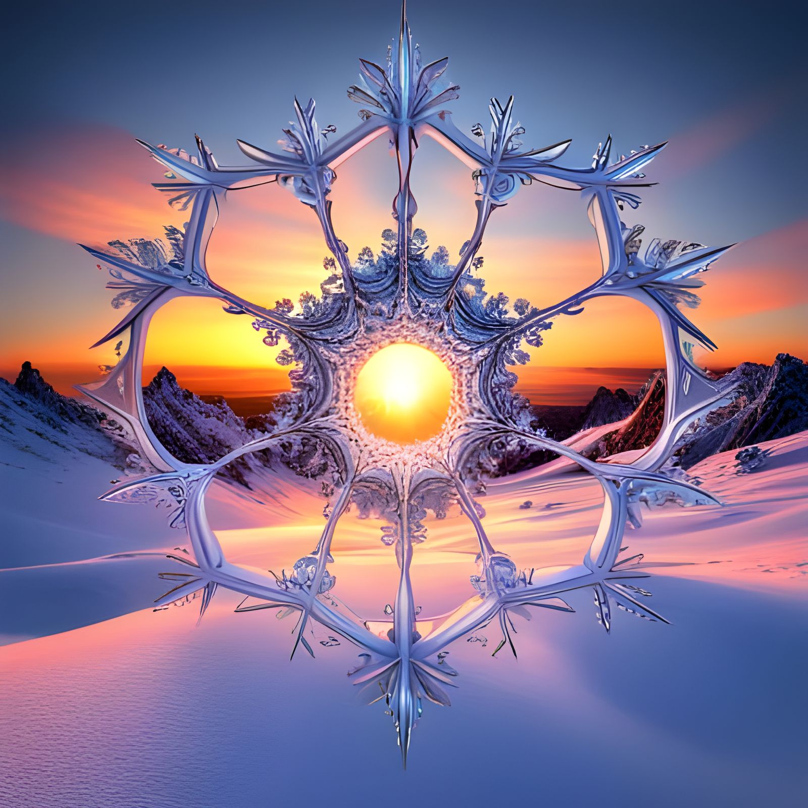 Perfect Fractal Snowflake at Sunset