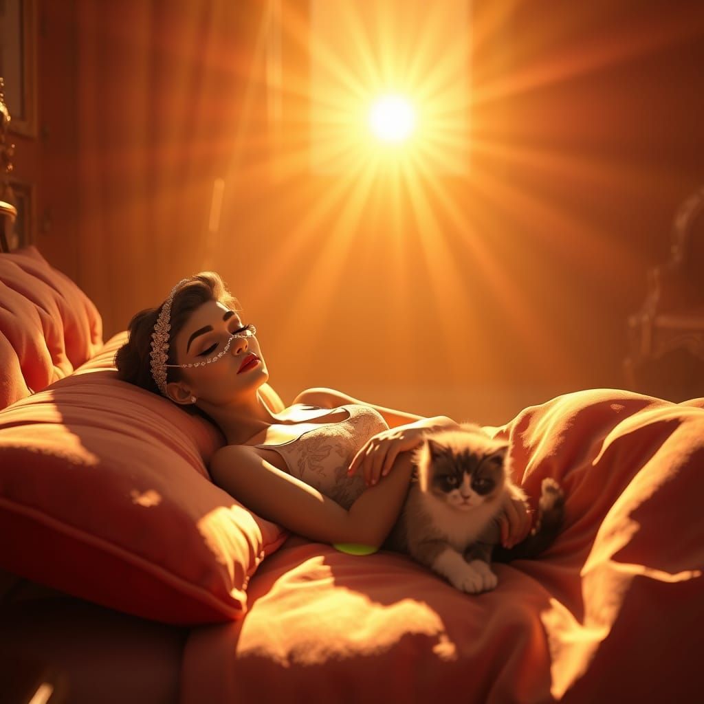Elegant Audrey Hepburn Wakes Up to Warm Morning Light in Whi...
